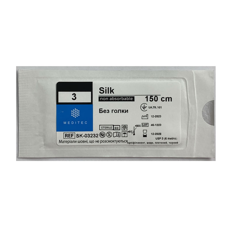 Матеріал шовний хірургічний, що не розсмоктується шовк, USP 3, плетений, чорний, довжиною 150 см, без голки.